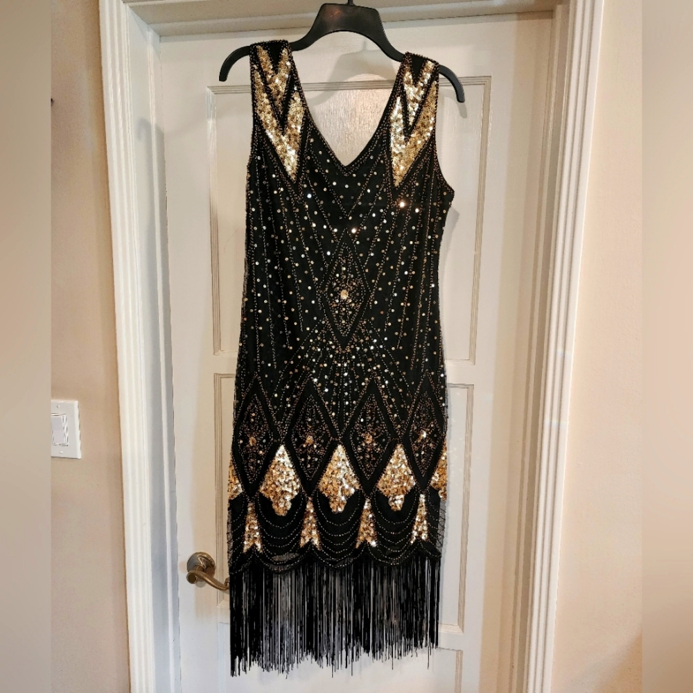 PRETTY GUIDE Black & Gold Flapper Dress